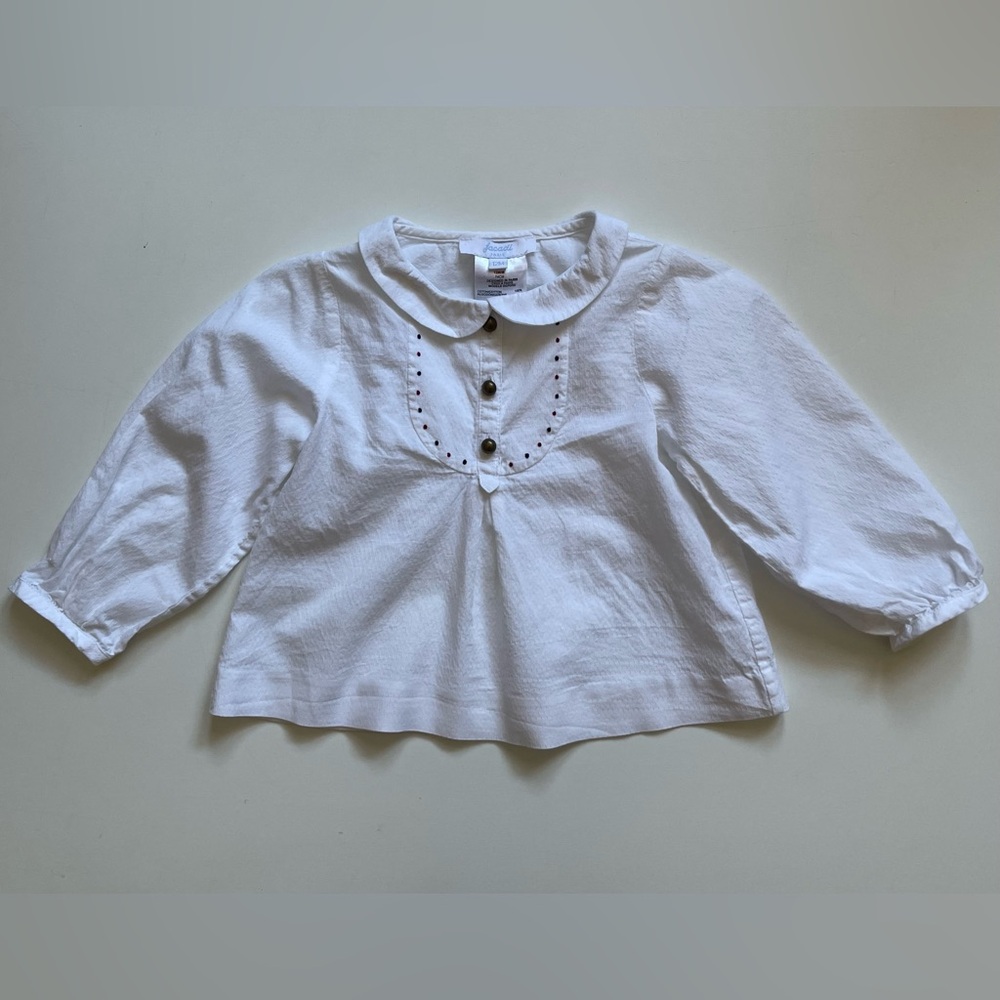 Jacadi Girls White Textured Blouse with Red & Navy Embroidered Detail - Size 12M